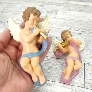 Vintage Ceramic Wall Angel Figurines Set of 2 Cherubs Playing Instruments FLAWED